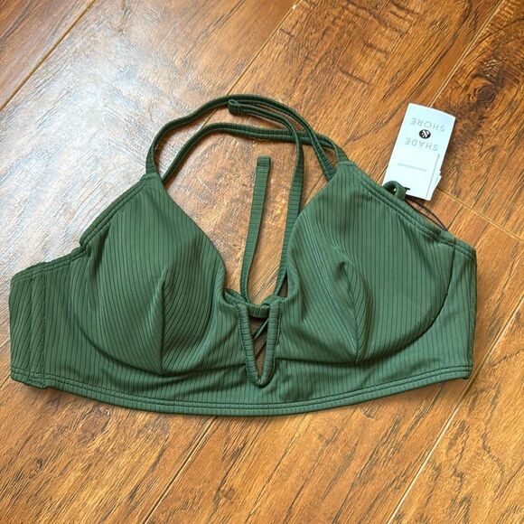 NWT Shade & Shore 32B Solid Green Ribbed Longline V-Wire Bikini Swim Top - Picture 2 of 8